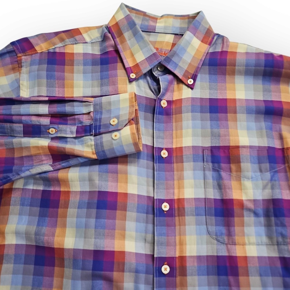 Alan Flusser 100% Cotton Large Purple Blue Orange Plaid Long Sleeve Button Down